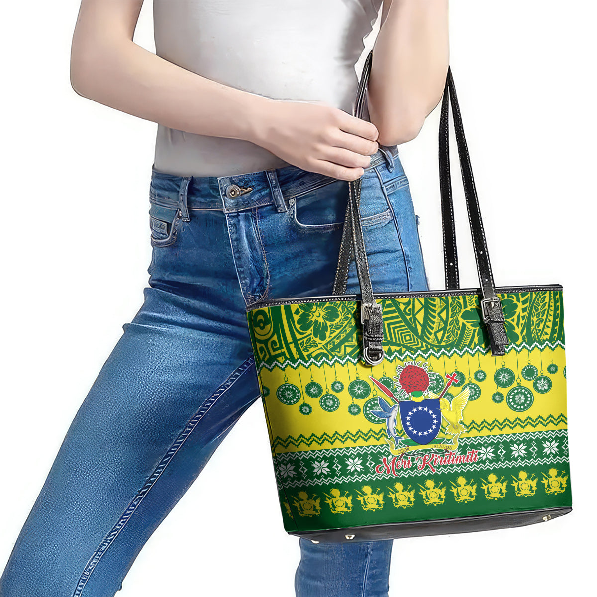 Cook Islands Christmas Leather Tote Bag Santa Beach Meri Kiritimiti LT9