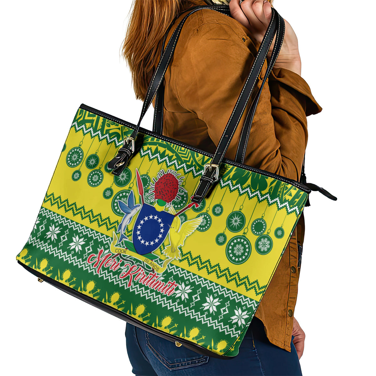 Cook Islands Christmas Leather Tote Bag Santa Beach Meri Kiritimiti LT9