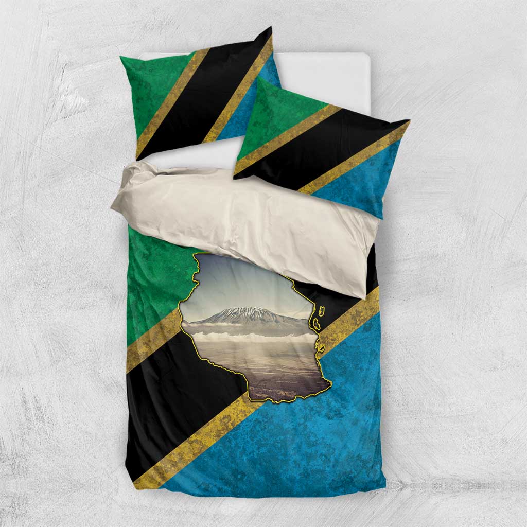 African Volcano Kilimanjaro Tanzania Bedding Set Grunge Flag Map of Tanzania LT9