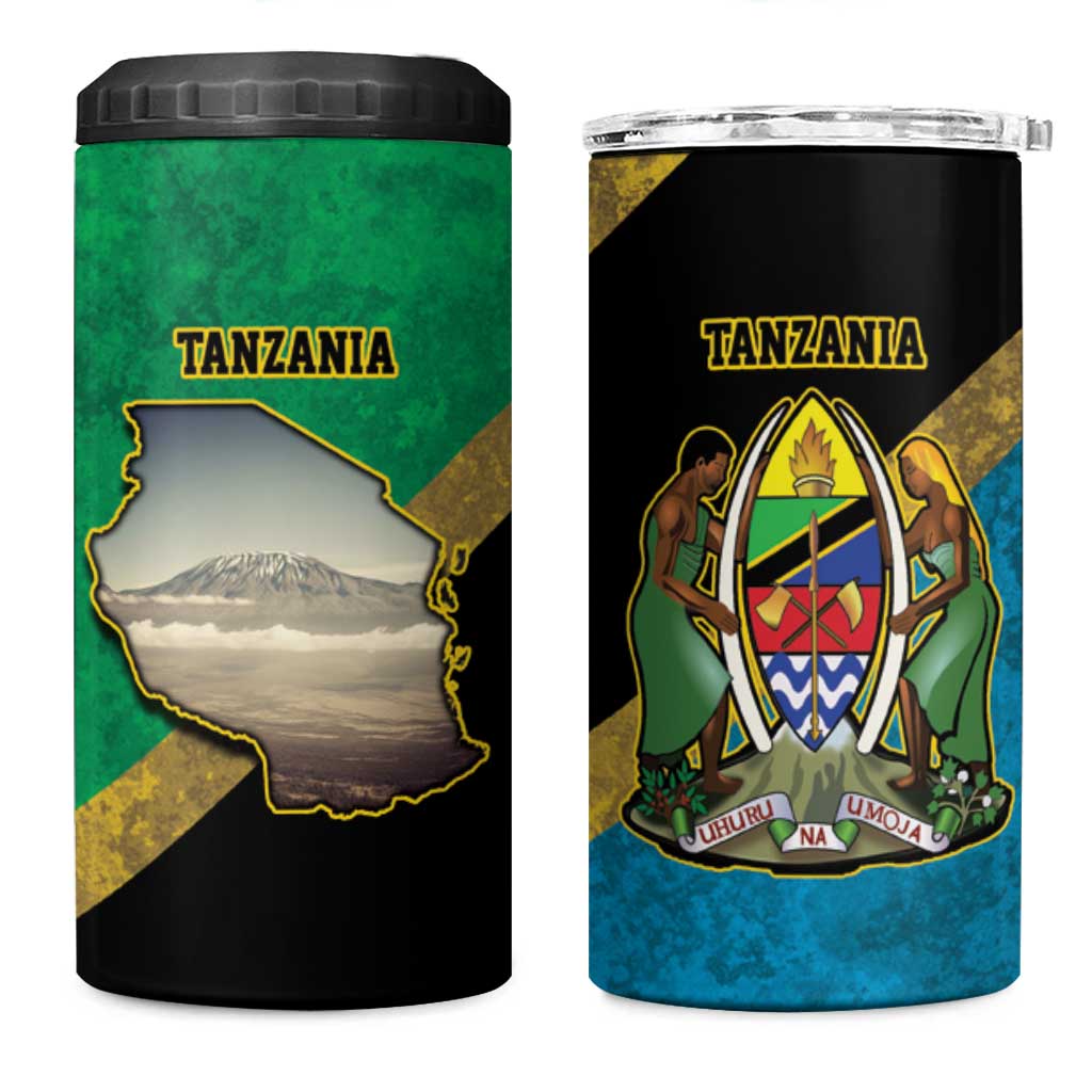African Volcano Kilimanjaro Tanzania 4 in 1 Can Cooler Tumbler Grunge Flag Map of Tanzania LT9