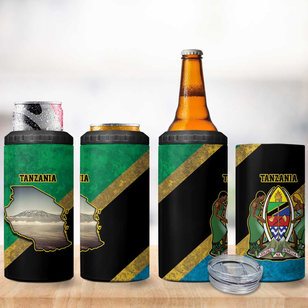 African Volcano Kilimanjaro Tanzania 4 in 1 Can Cooler Tumbler Grunge Flag Map of Tanzania LT9