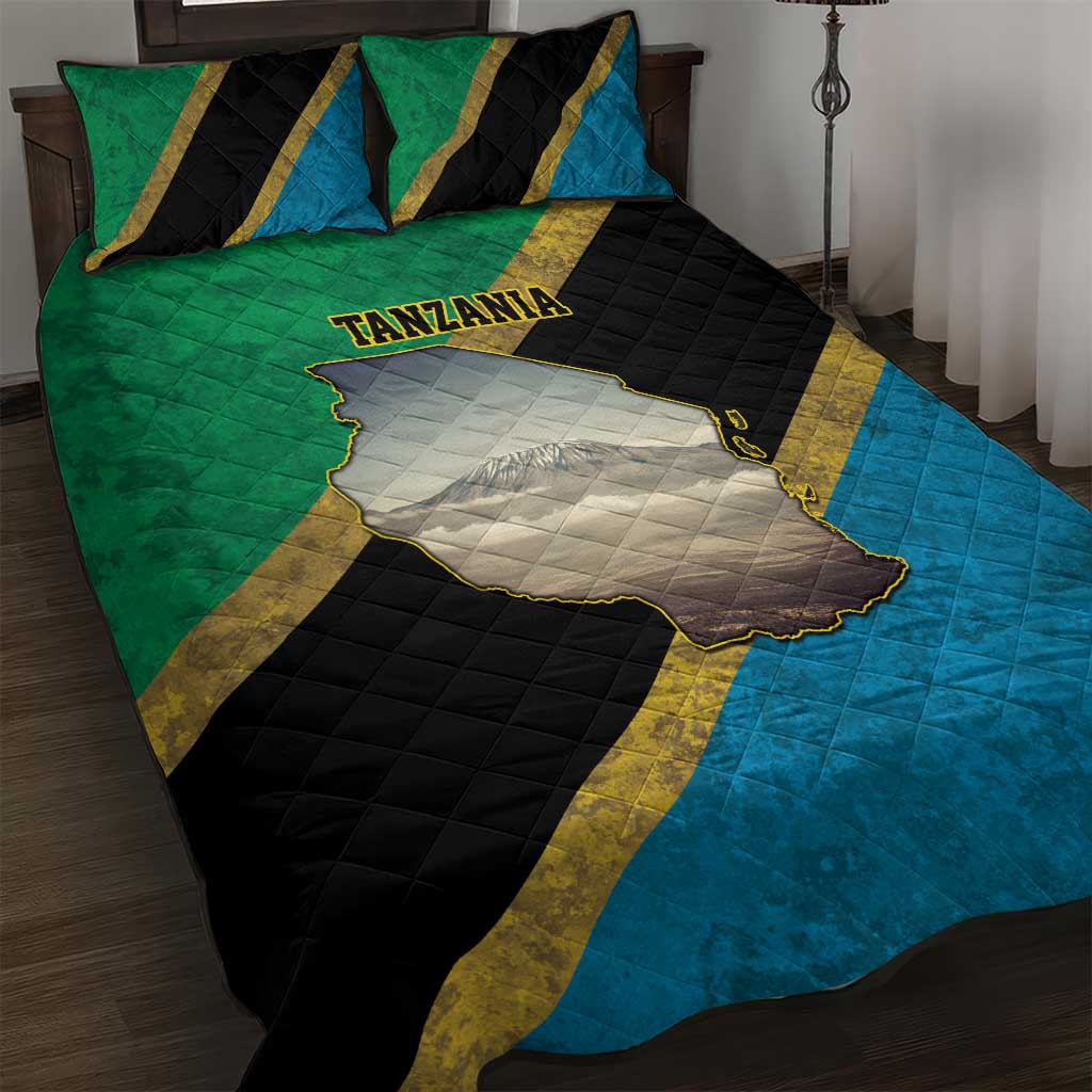 African Volcano Kilimanjaro Tanzania Quilt Bed Set Grunge Flag Map of Tanzania LT9
