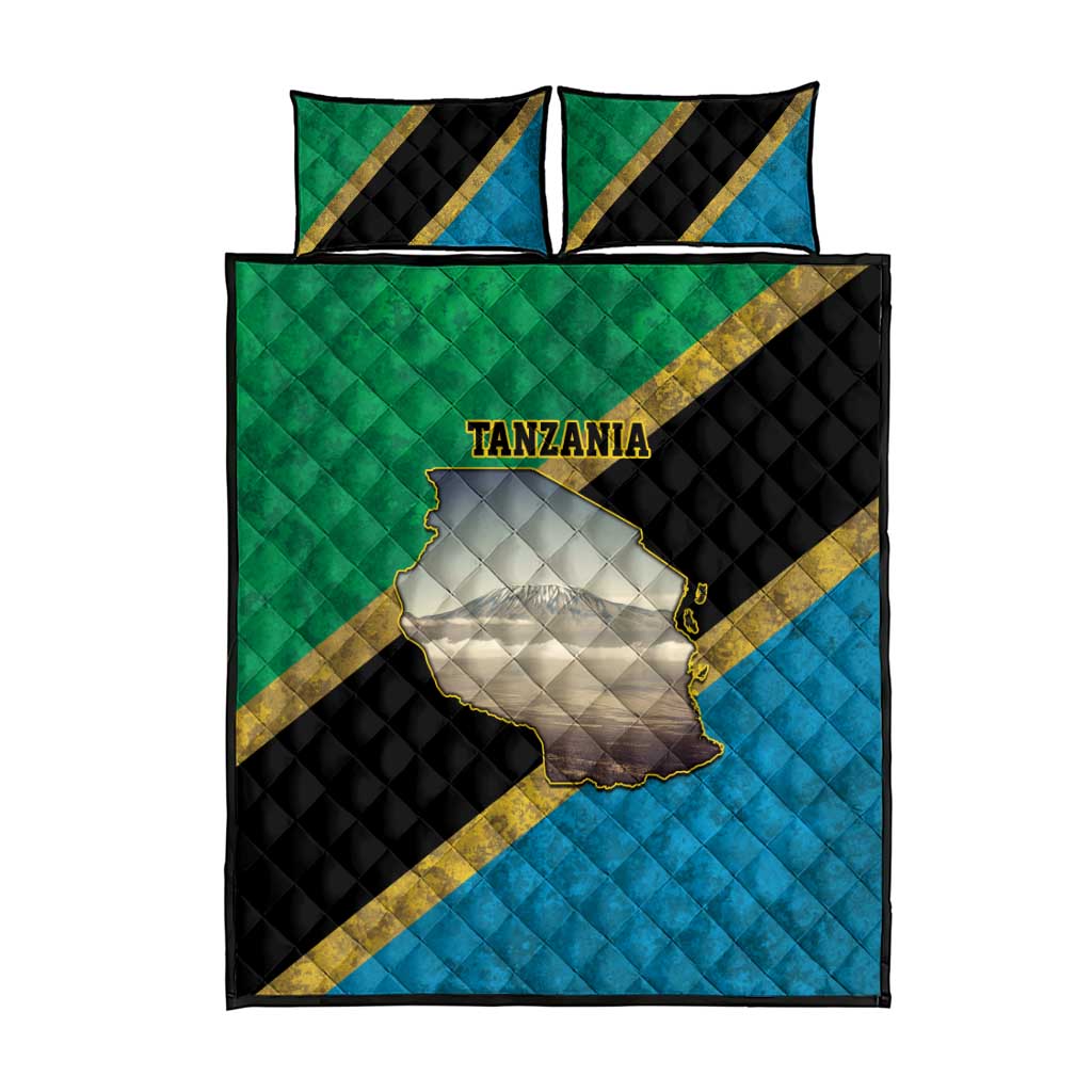 African Volcano Kilimanjaro Tanzania Quilt Bed Set Grunge Flag Map of Tanzania LT9