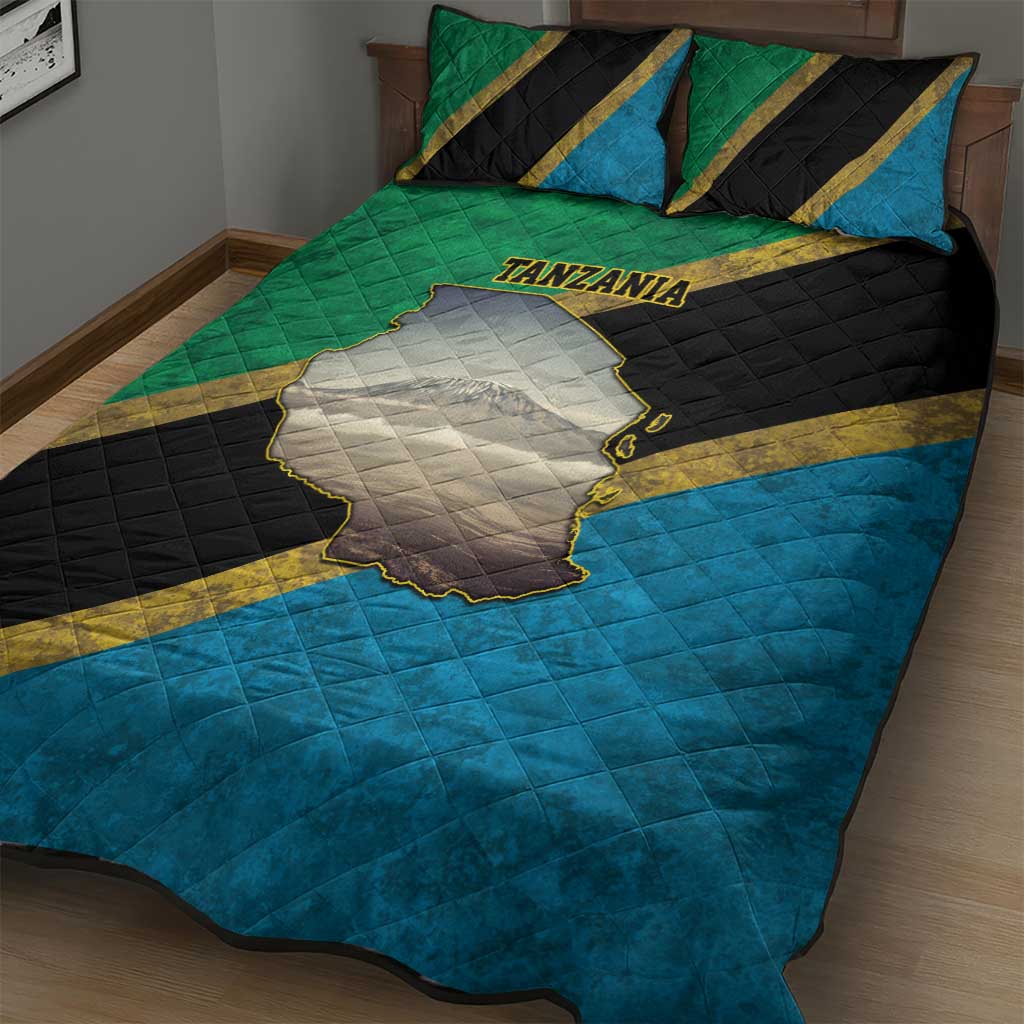 African Volcano Kilimanjaro Tanzania Quilt Bed Set Grunge Flag Map of Tanzania LT9