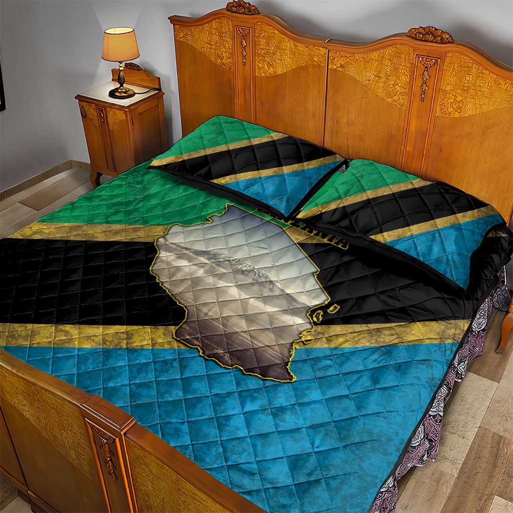 African Volcano Kilimanjaro Tanzania Quilt Bed Set Grunge Flag Map of Tanzania LT9