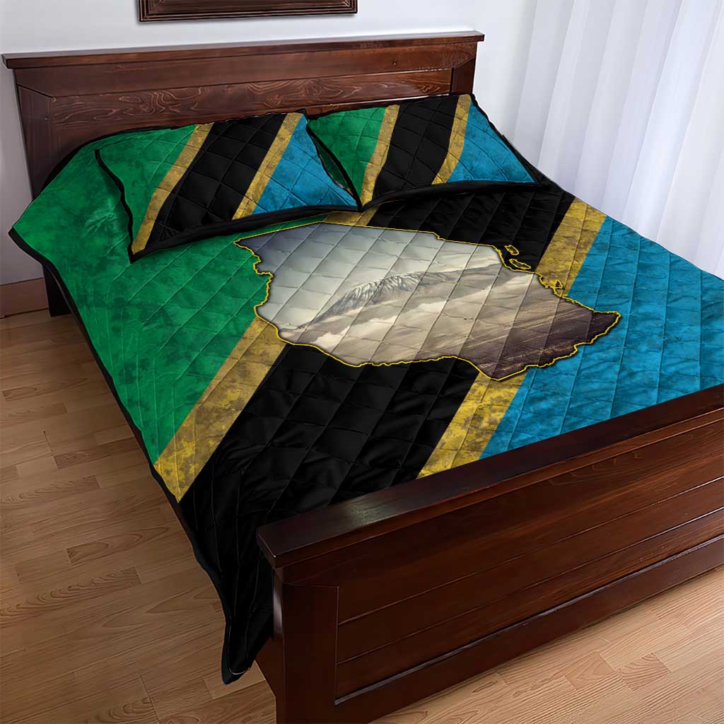 African Volcano Kilimanjaro Tanzania Quilt Bed Set Grunge Flag Map of Tanzania LT9