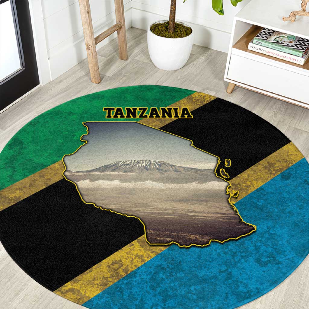 African Volcano Kilimanjaro Tanzania Round Carpet Grunge Flag Map of Tanzania LT9