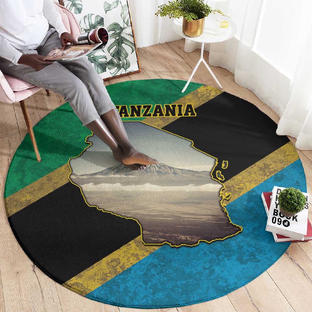 African Volcano Kilimanjaro Tanzania Round Carpet Grunge Flag Map of Tanzania LT9