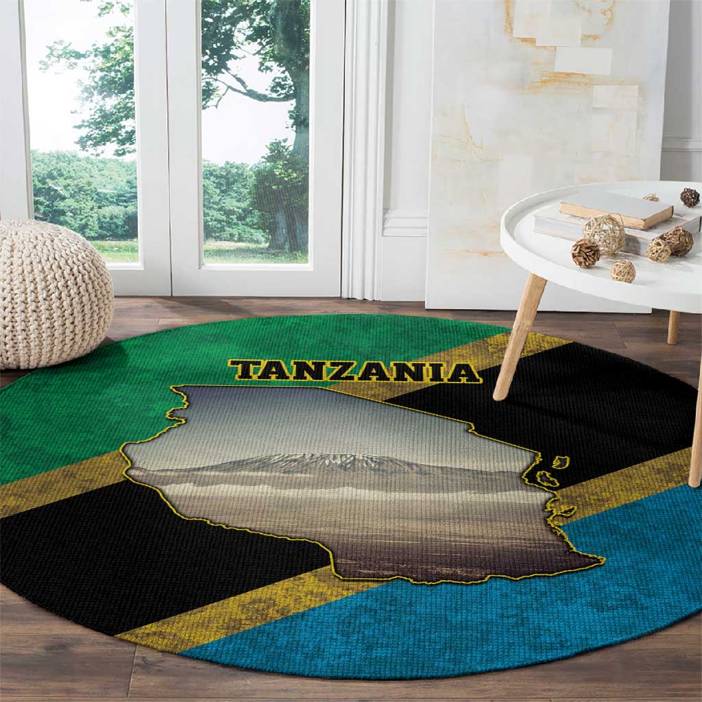 African Volcano Kilimanjaro Tanzania Round Carpet Grunge Flag Map of Tanzania LT9