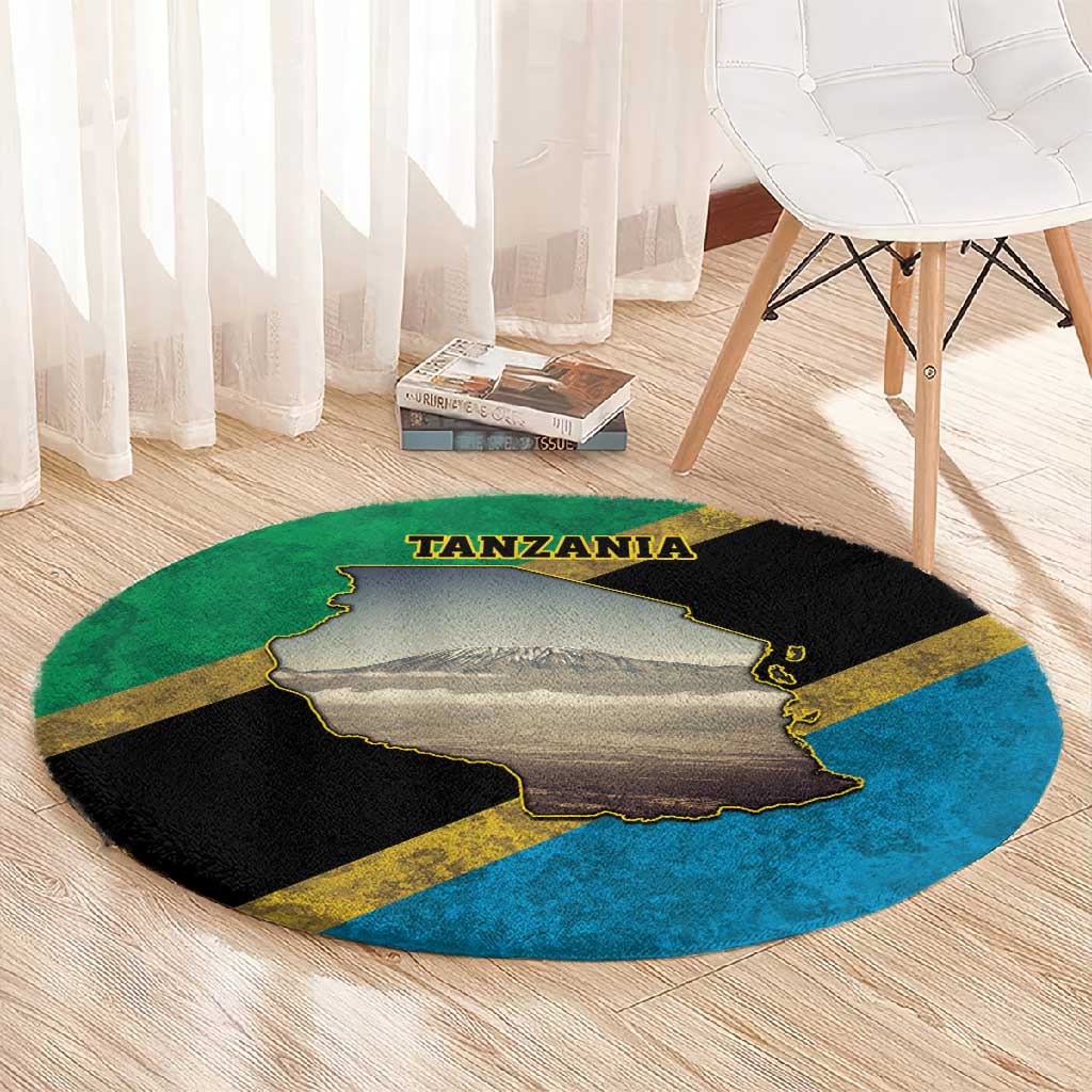 African Volcano Kilimanjaro Tanzania Round Carpet Grunge Flag Map of Tanzania LT9