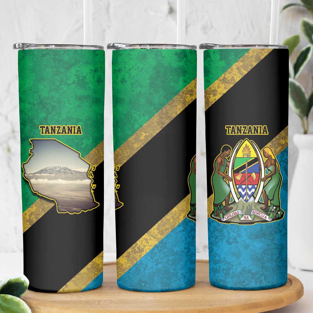 African Volcano Kilimanjaro Tanzania Skinny Tumbler Grunge Flag Map of Tanzania LT9