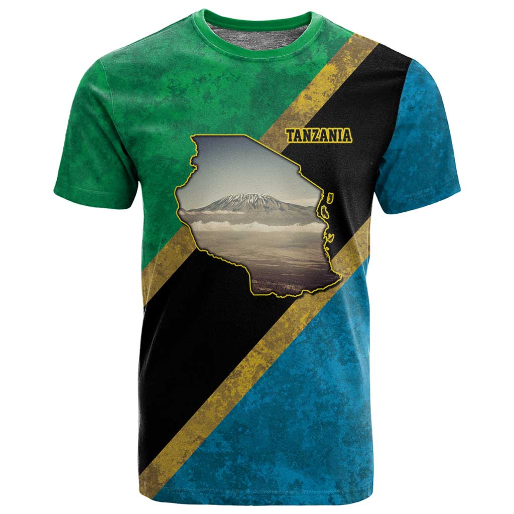 African Volcano Kilimanjaro Tanzania T shirt Grunge Flag Map of Tanzania LT9