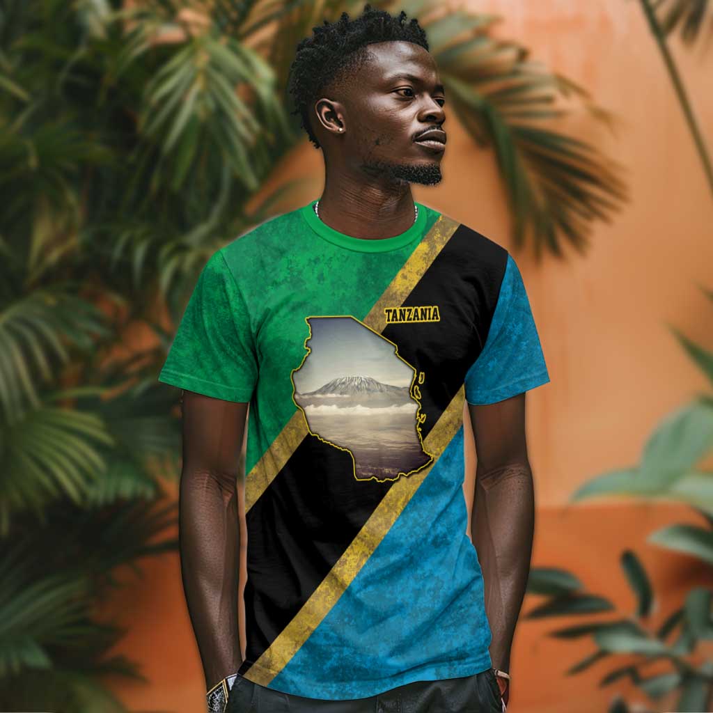 African Volcano Kilimanjaro Tanzania T shirt Grunge Flag Map of Tanzania LT9