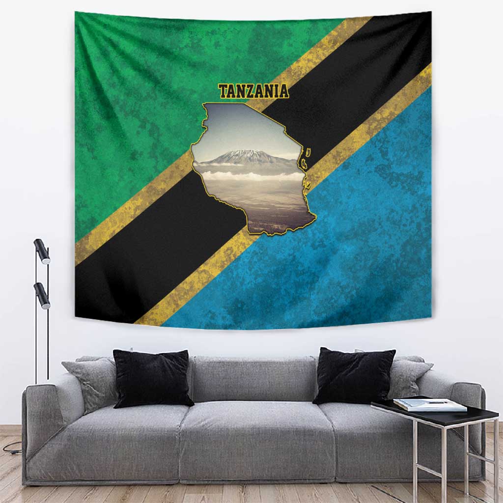 African Volcano Kilimanjaro Tanzania Tapestry Grunge Flag Map of Tanzania LT9