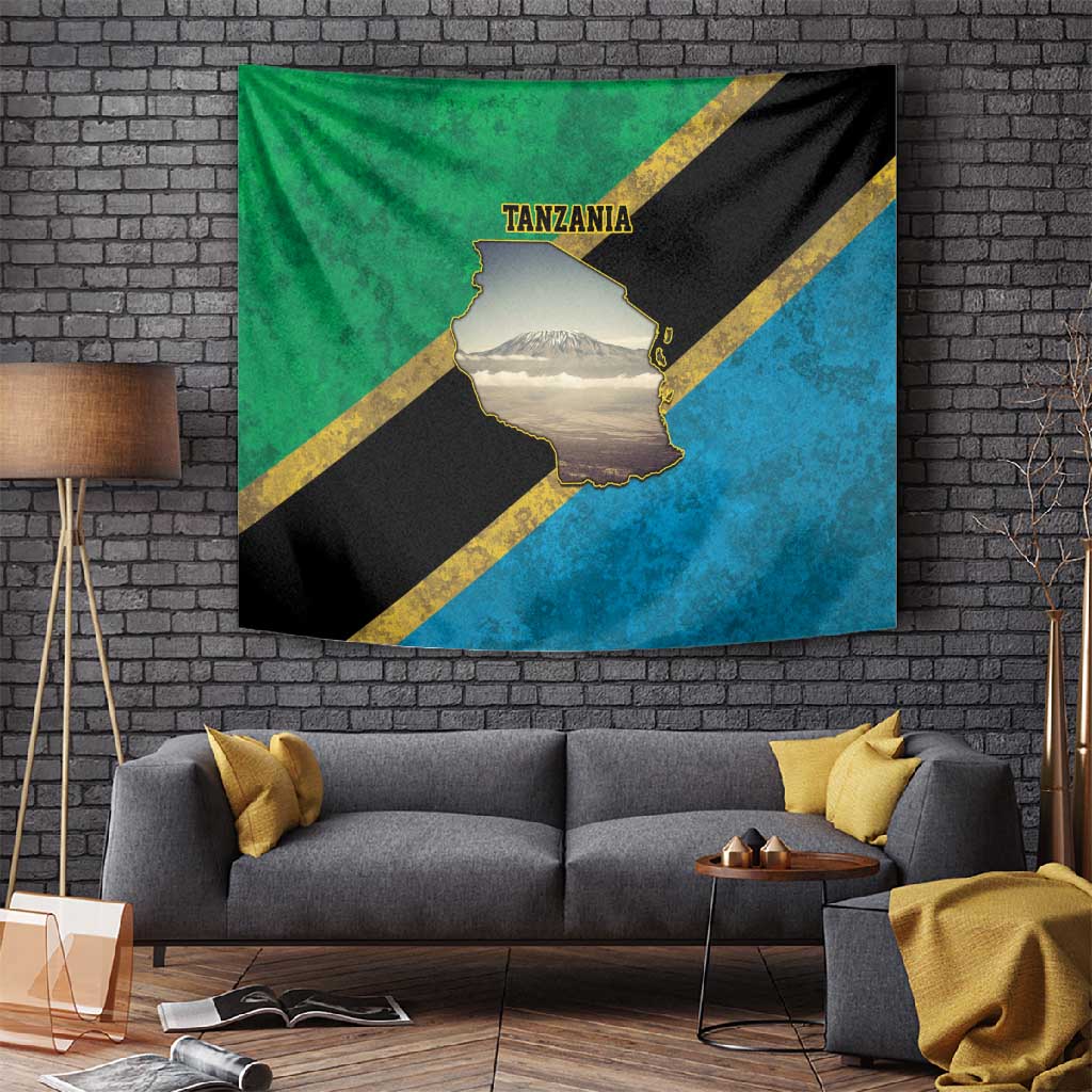 African Volcano Kilimanjaro Tanzania Tapestry Grunge Flag Map of Tanzania LT9