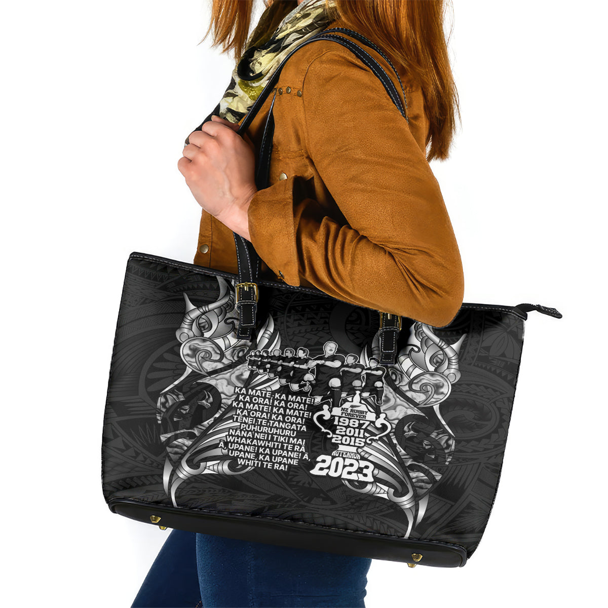 New Zealand Rugby Leather Tote Bag Black Haka Dance With NZ Champions History LT9