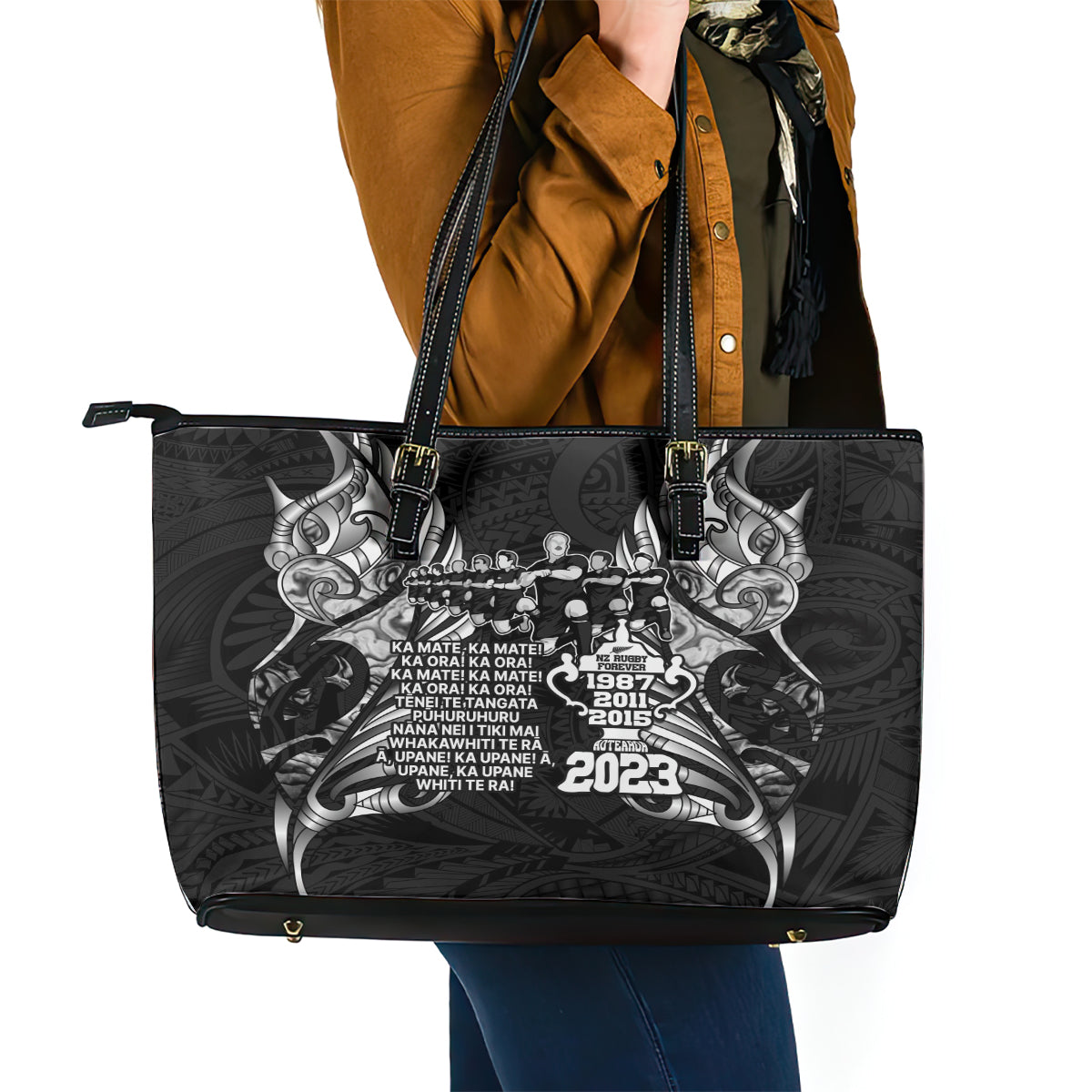 New Zealand Rugby Leather Tote Bag Black Haka Dance With NZ Champions History LT9
