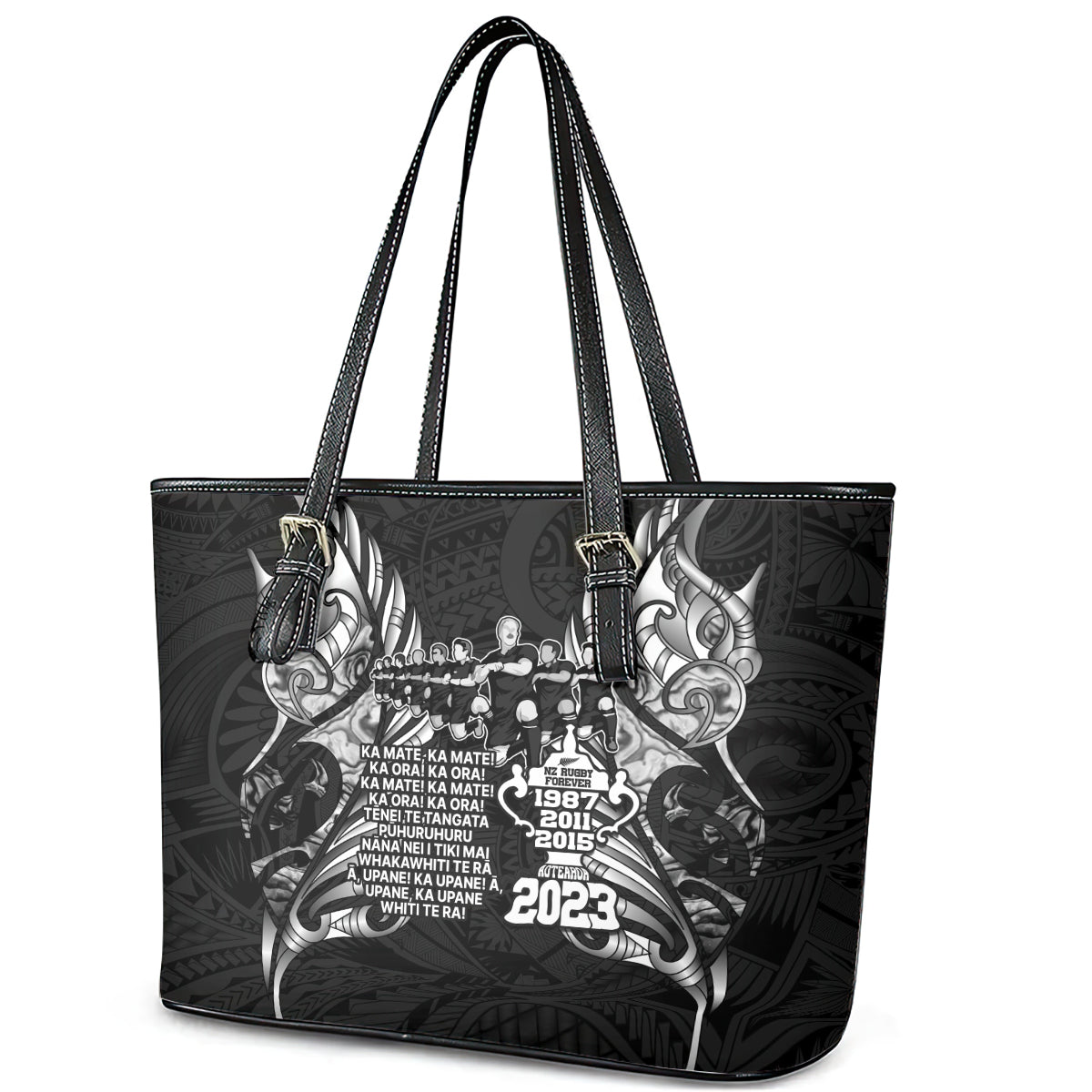 New Zealand Rugby Leather Tote Bag Black Haka Dance With NZ Champions History LT9