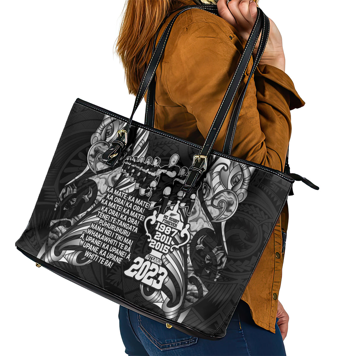 New Zealand Rugby Leather Tote Bag Black Haka Dance With NZ Champions History LT9
