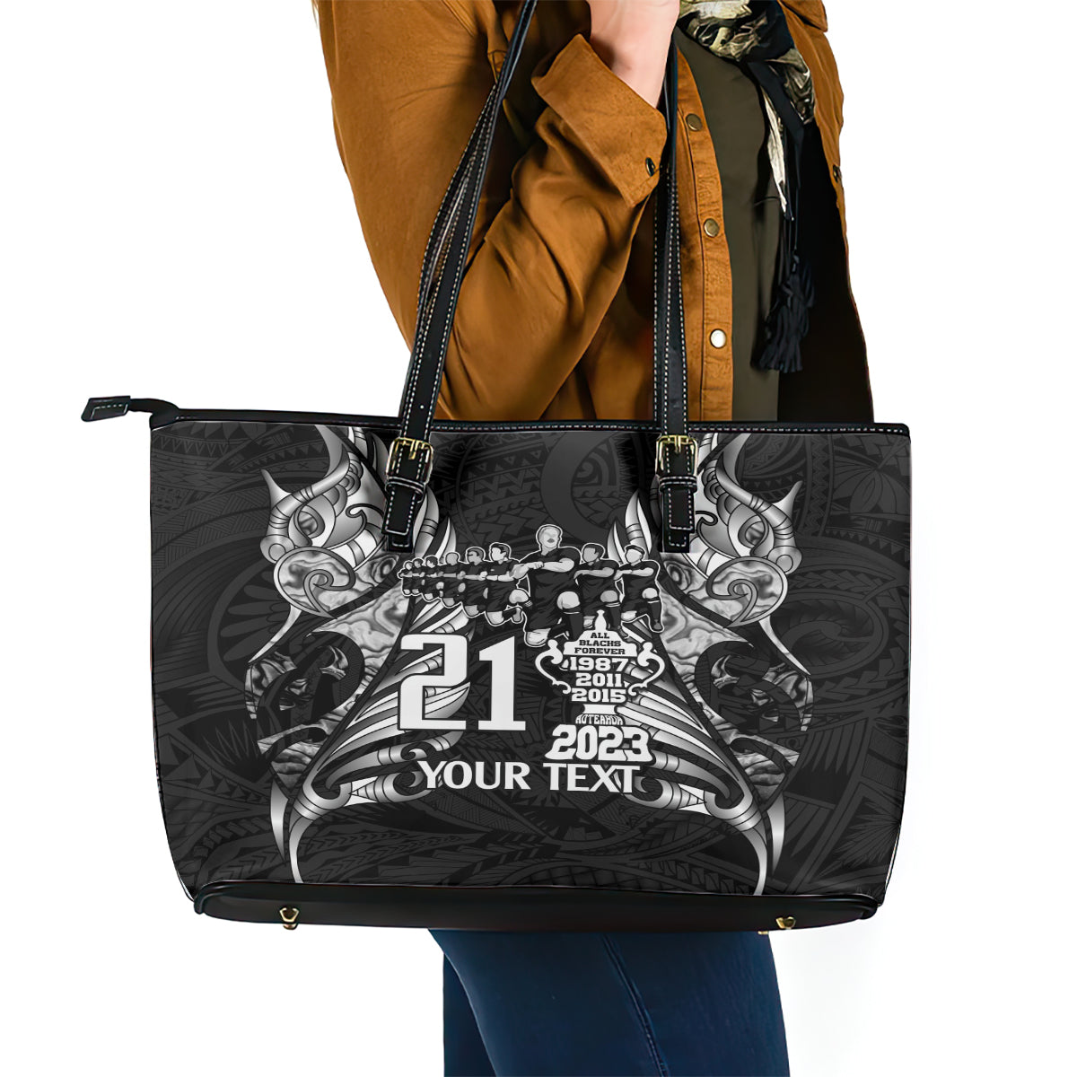 Custom New Zealand Rugby Leather Tote Bag Black Haka Dance With NZ Champions History LT9