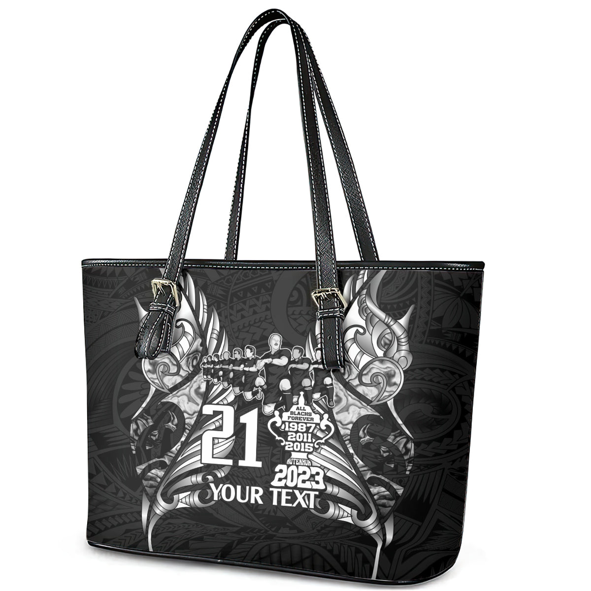 Custom New Zealand Rugby Leather Tote Bag Black Haka Dance With NZ Champions History LT9