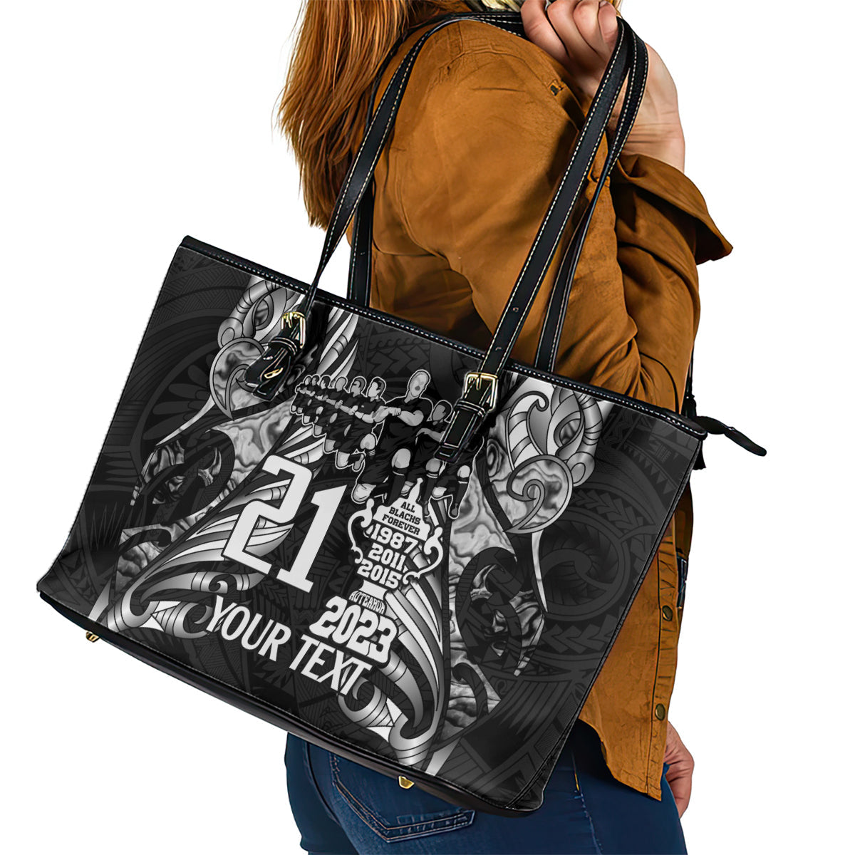 Custom New Zealand Rugby Leather Tote Bag Black Haka Dance With NZ Champions History LT9