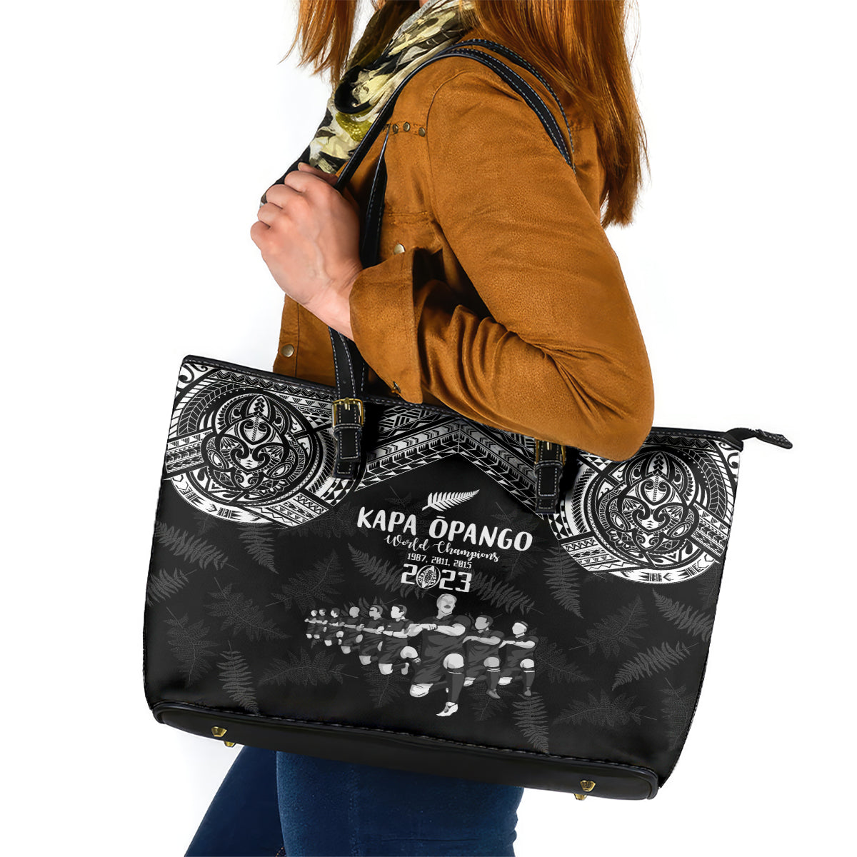 NZ Rugby Leather Tote Bag Kapa Opango Maori Haka With Years of The All Black Champions LT9