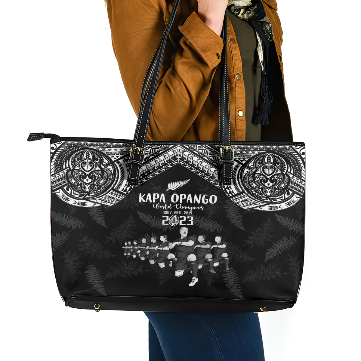 NZ Rugby Leather Tote Bag Kapa Opango Maori Haka With Years of The All Black Champions LT9