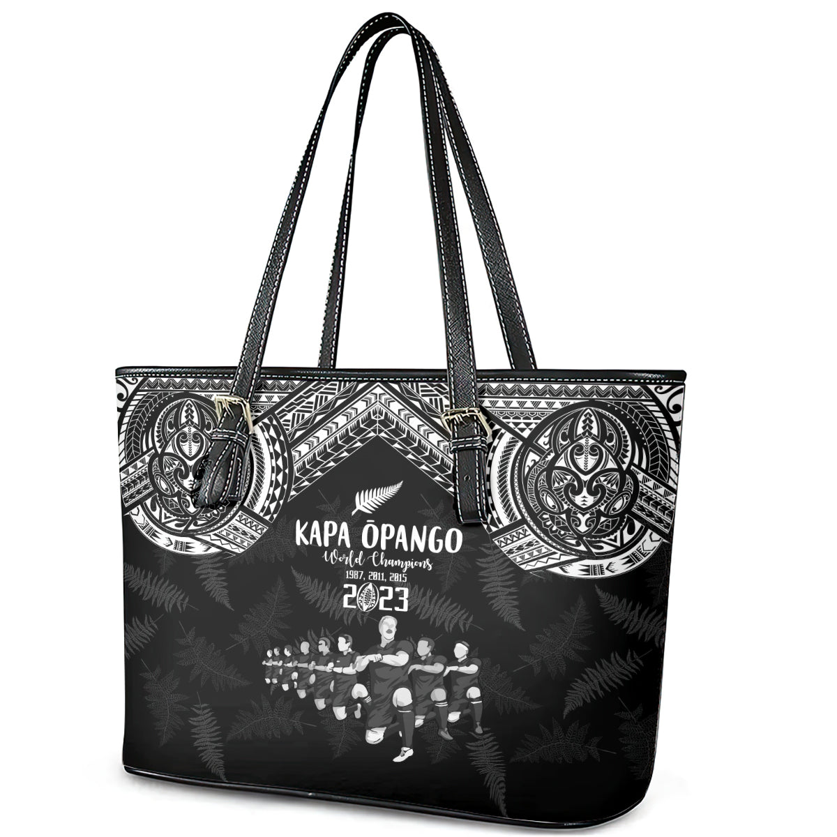 NZ Rugby Leather Tote Bag Kapa Opango Maori Haka With Years of The All Black Champions LT9