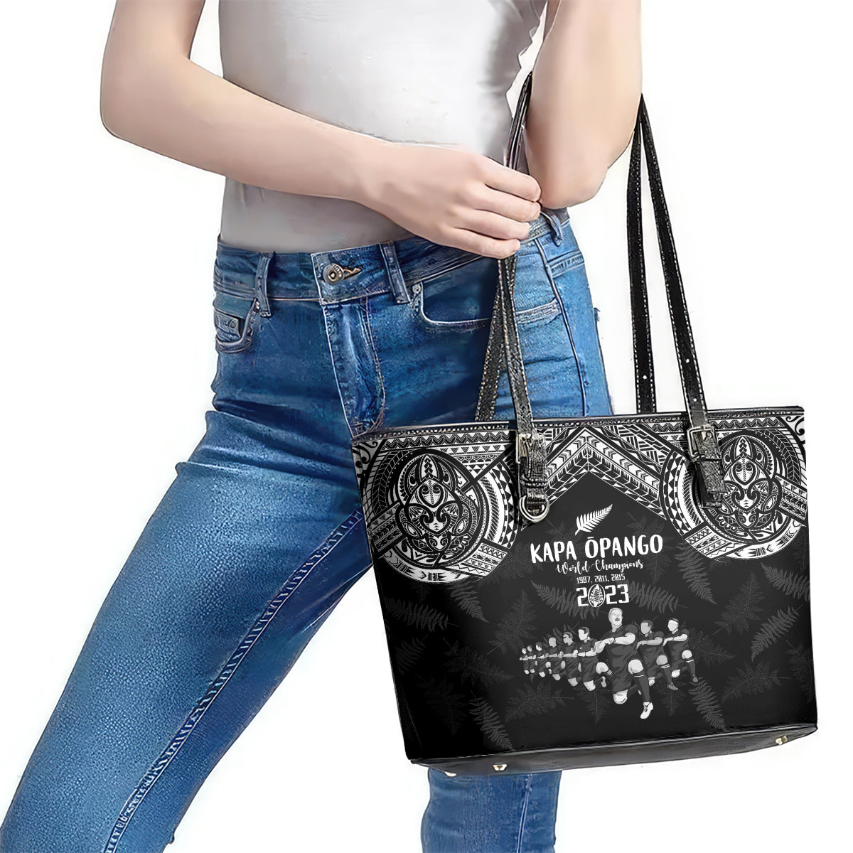 NZ Rugby Leather Tote Bag Kapa Opango Maori Haka With Years of The All Black Champions LT9