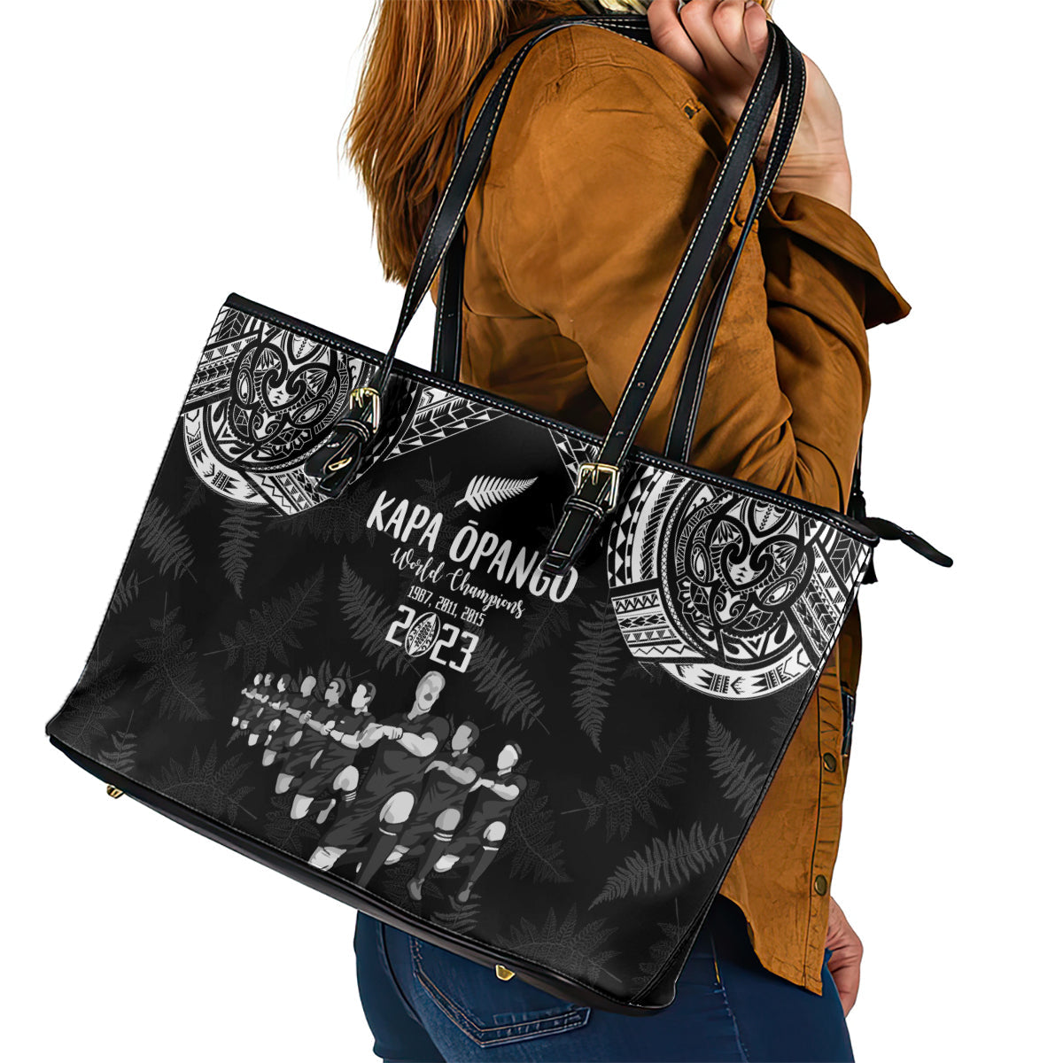 NZ Rugby Leather Tote Bag Kapa Opango Maori Haka With Years of The All Black Champions LT9