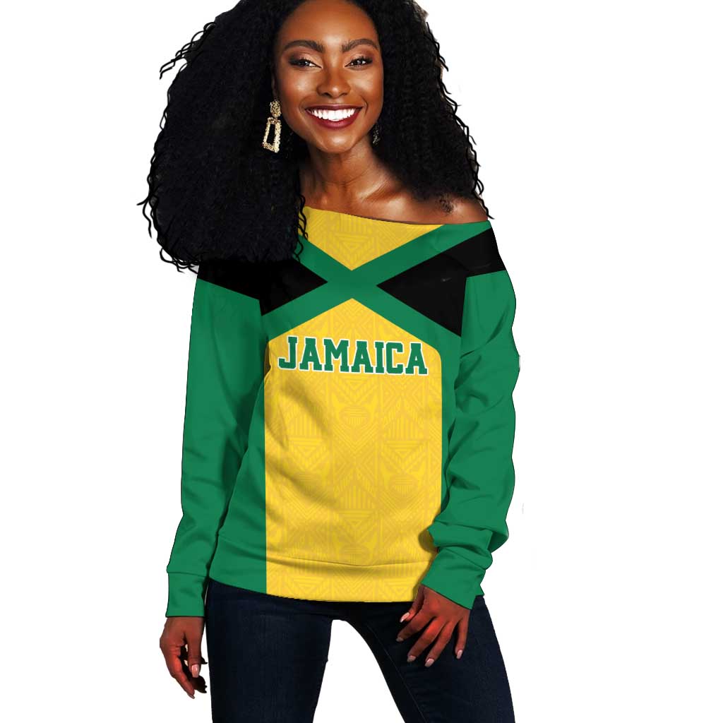 Afro-Jamaicans Football Custom Off Shoulder Sweater Gold Ethnic Motifs LT9