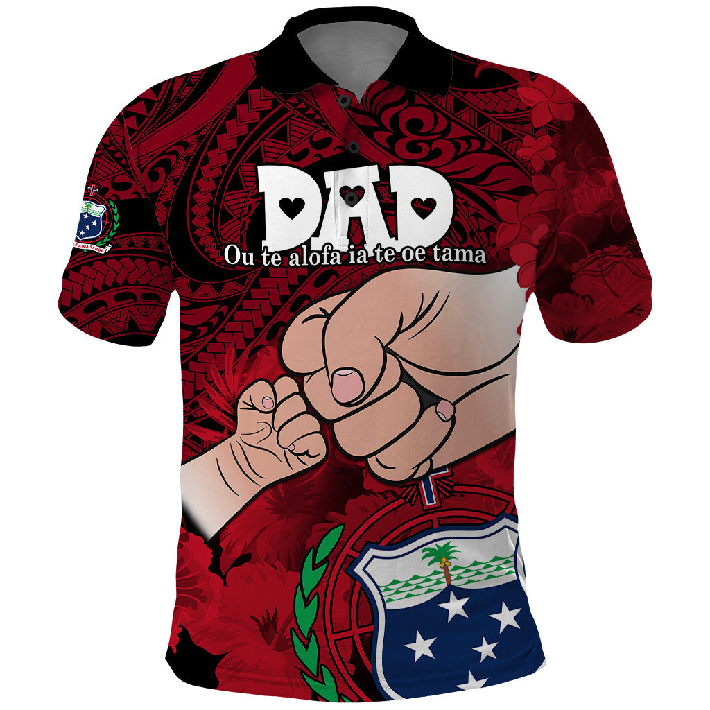 Personalised Dads Day Samoa Polo Shirt Dad Ou Te Alofa Ia Te Oe Tama - Red Polynesian Flowers Tribal LT9