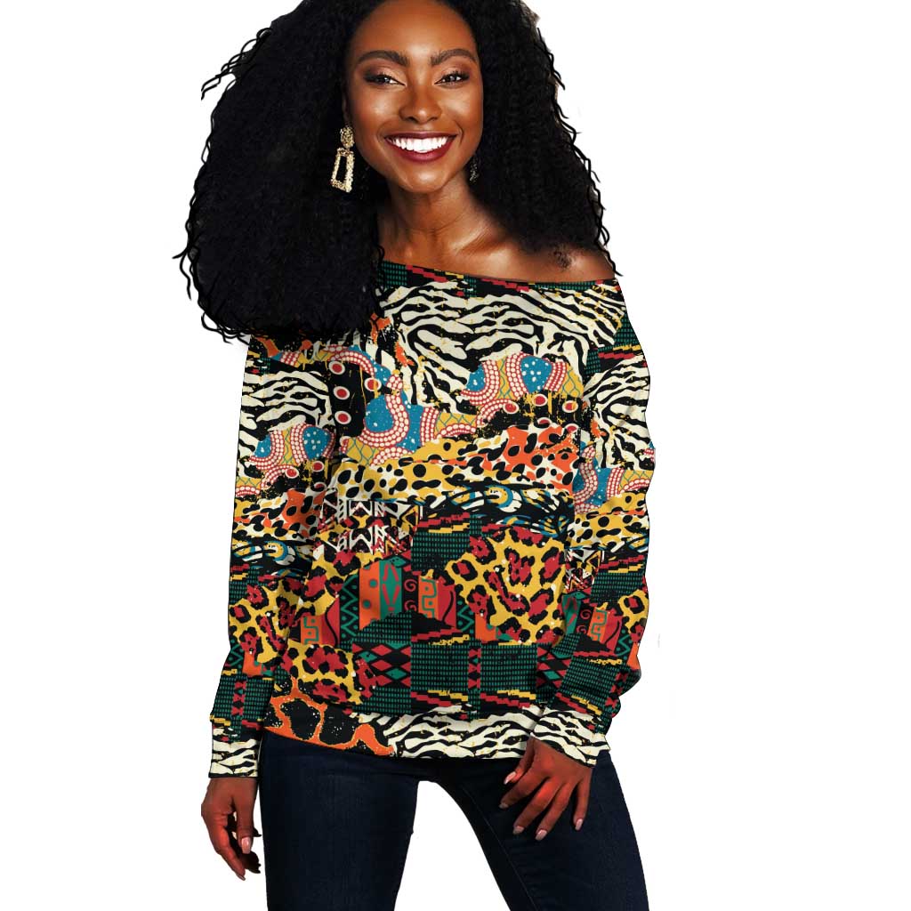 African Mixed Wild Animal Skins Off Shoulder Sweater LT9