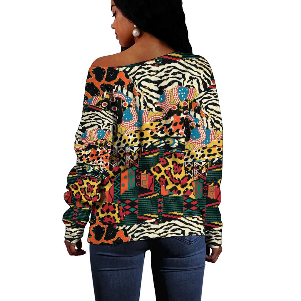 African Mixed Wild Animal Skins Off Shoulder Sweater LT9