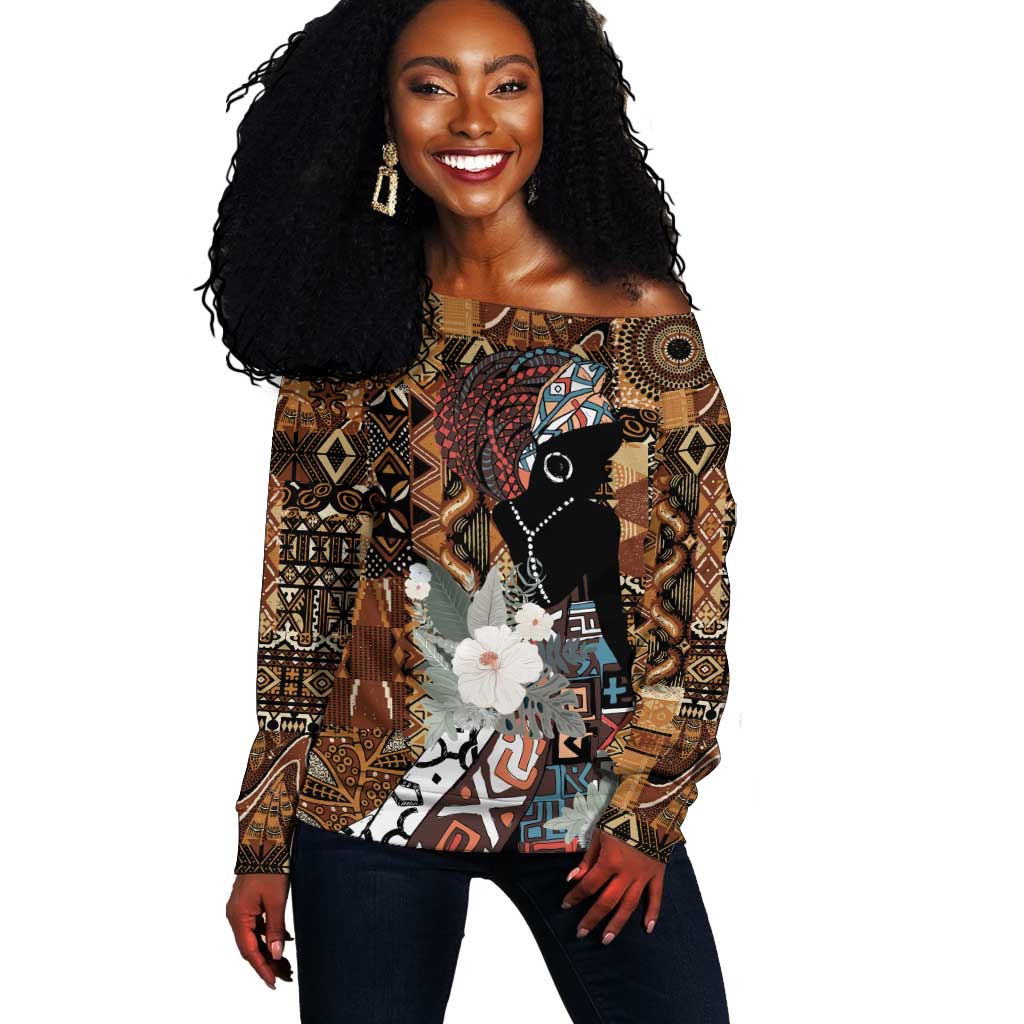 Beautiful Black Woman Off Shoulder Sweater African Tribal Pattern LT9