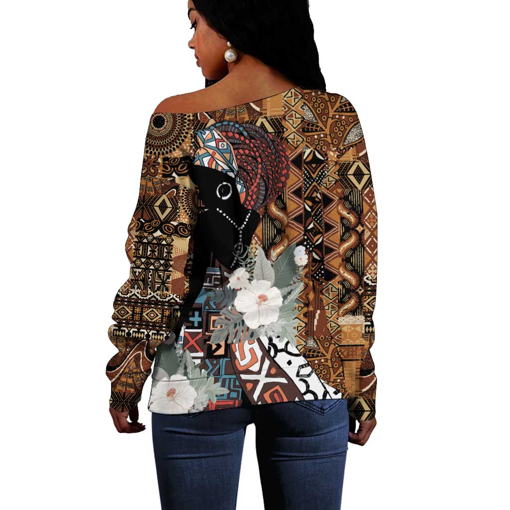 Beautiful Black Woman Off Shoulder Sweater African Tribal Pattern LT9