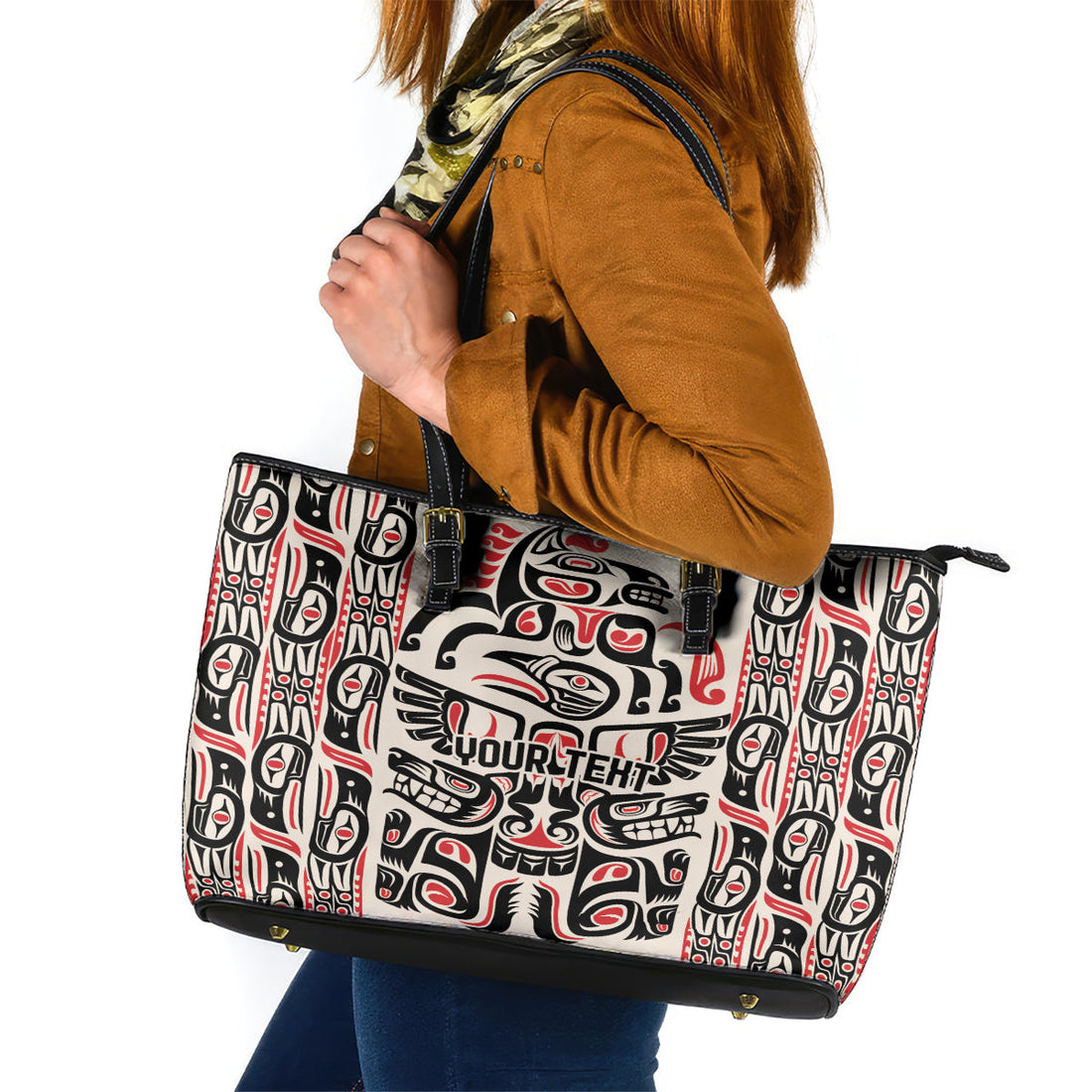 Personalized Canada Indigenous Haida Art Leather Tote Bag LT9