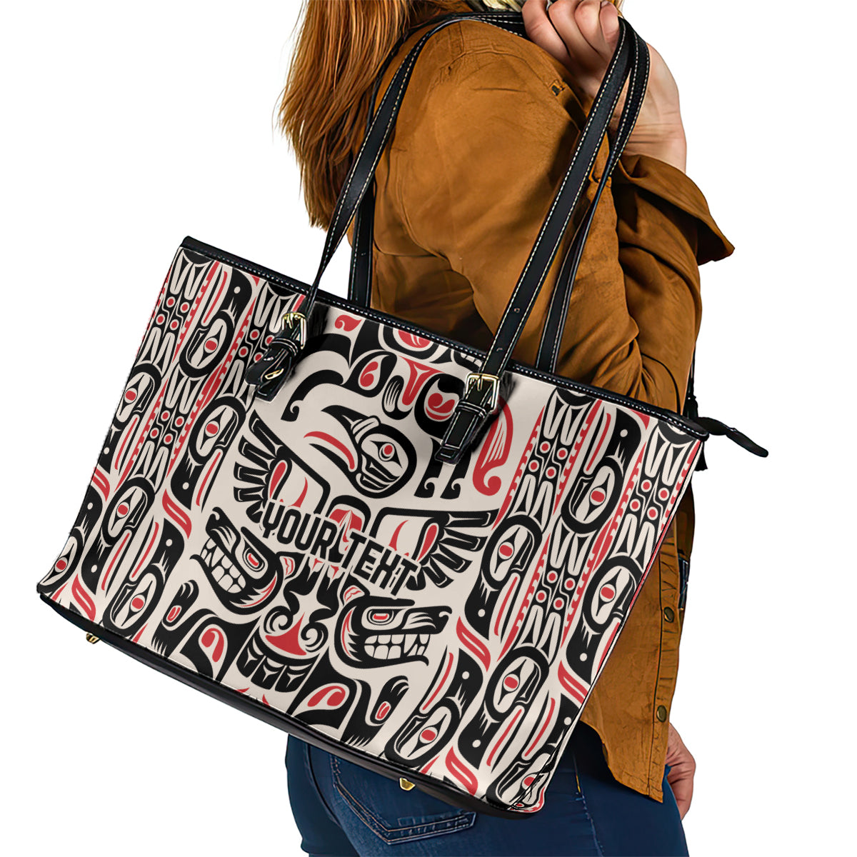 Personalized Canada Indigenous Haida Art Leather Tote Bag LT9