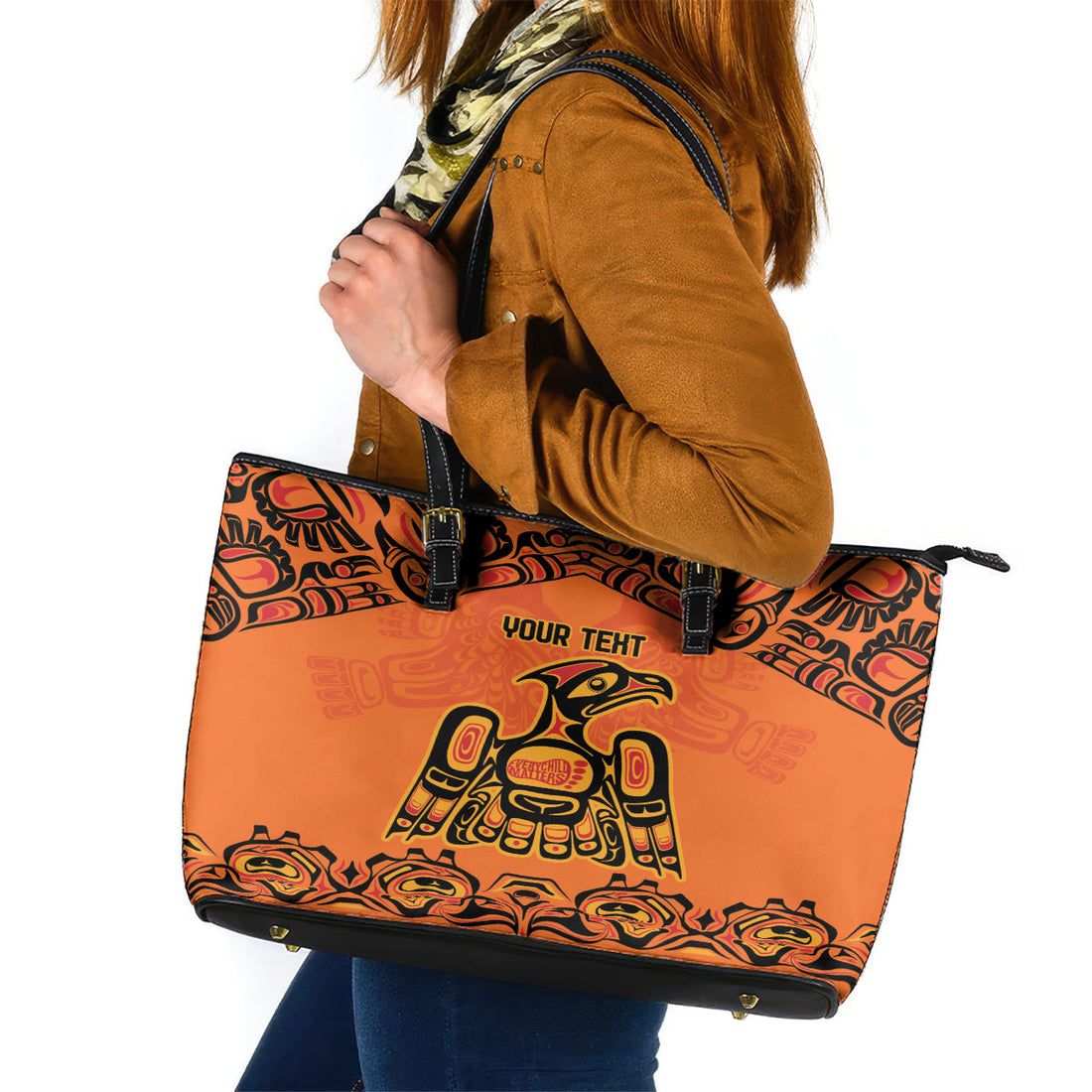 Personalized Every Child Matter Leather Tote Bag Canadian Native Indigenous Haida LT9