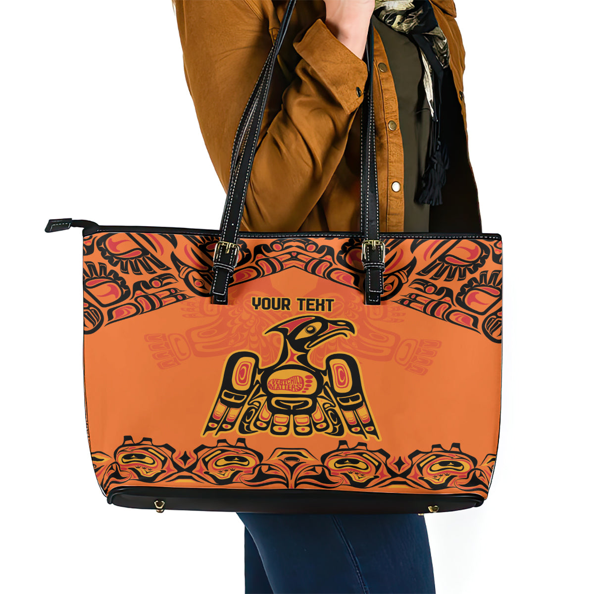 Personalized Every Child Matter Leather Tote Bag Canadian Native Indigenous Haida LT9