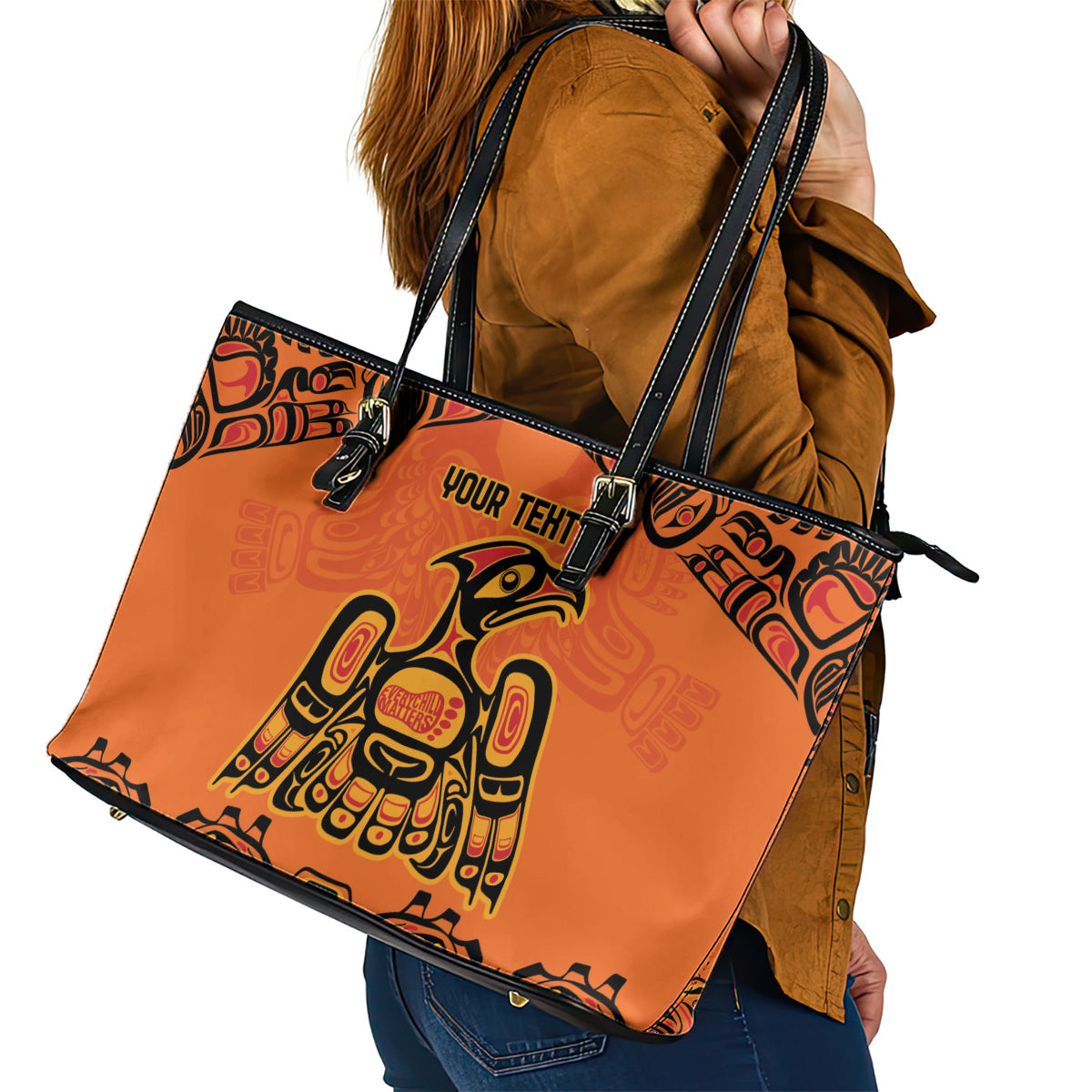 Personalized Every Child Matter Leather Tote Bag Canadian Native Indigenous Haida LT9