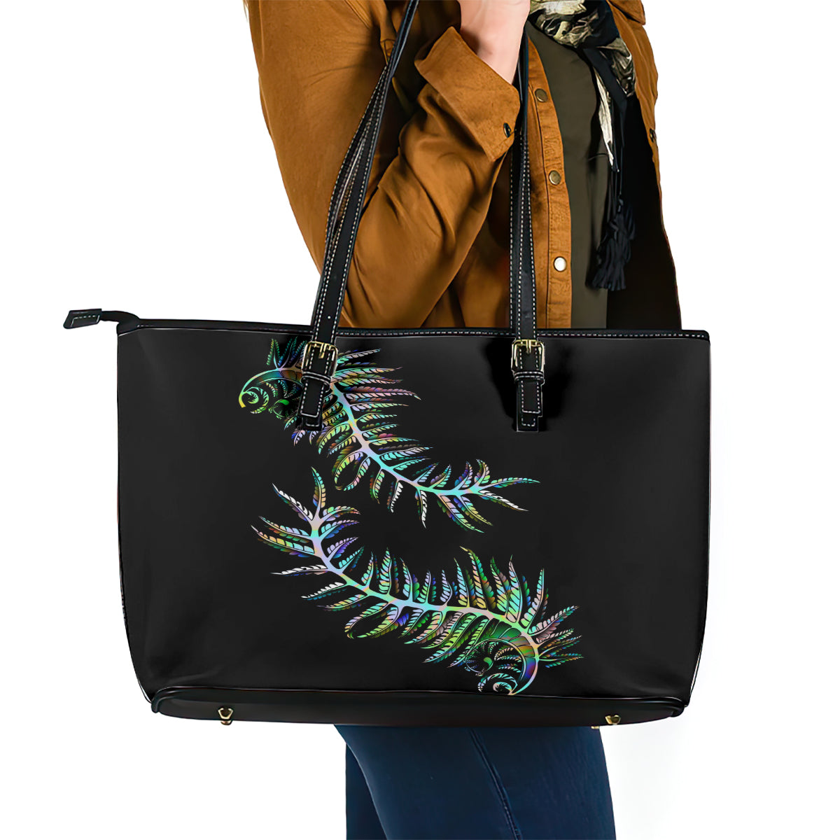 New Zealand Leather Tote Bag Aotearoa Silver Fern Mixed Papua Shell Green Vibe LT9