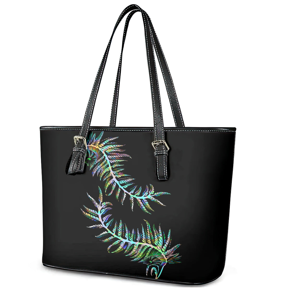 New Zealand Leather Tote Bag Aotearoa Silver Fern Mixed Papua Shell Green Vibe LT9