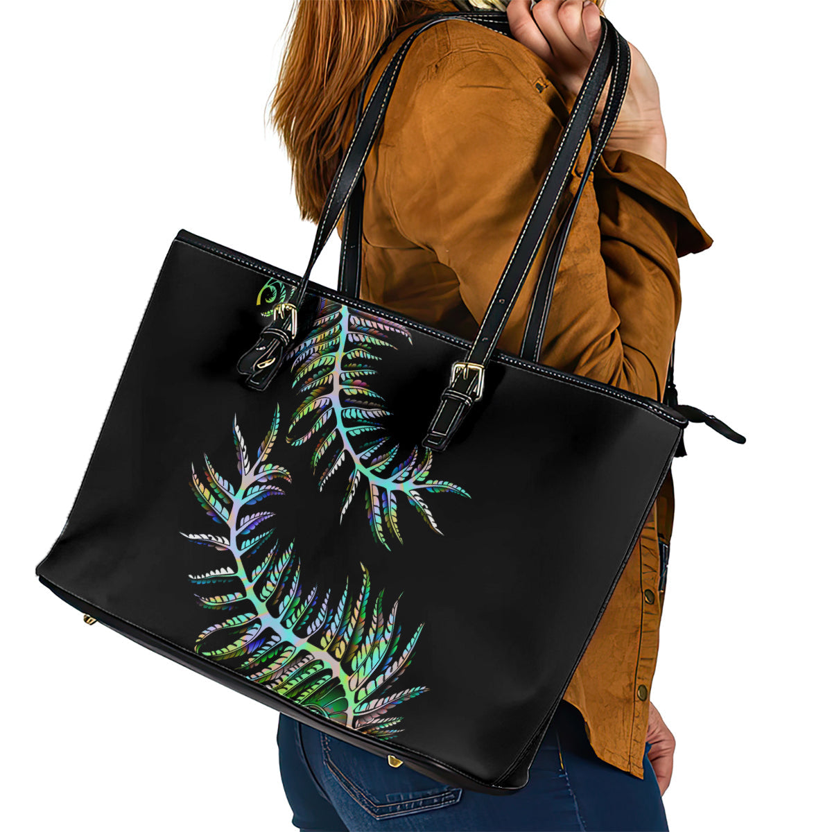 New Zealand Leather Tote Bag Aotearoa Silver Fern Mixed Papua Shell Green Vibe LT9