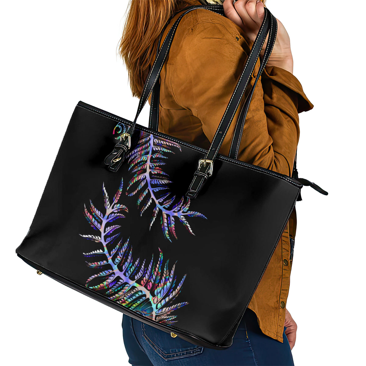 New Zealand Leather Tote Bag Aotearoa Silver Fern Mixed Papua Shell Purple Vibe LT9