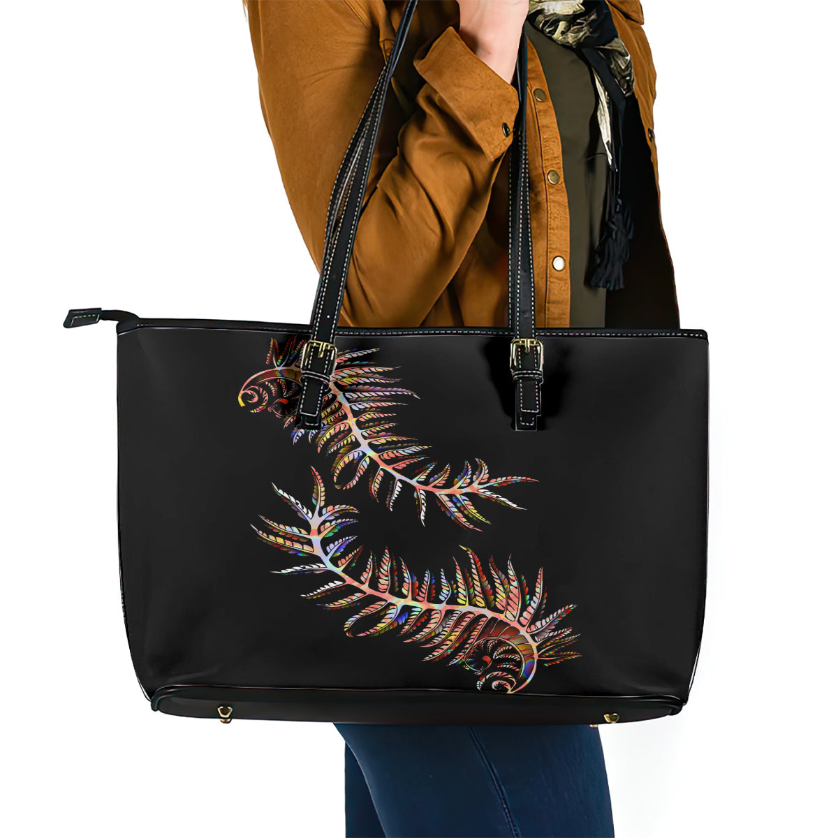 New Zealand Leather Tote Bag Aotearoa Silver Fern Mixed Papua Shell Red Vibe LT9