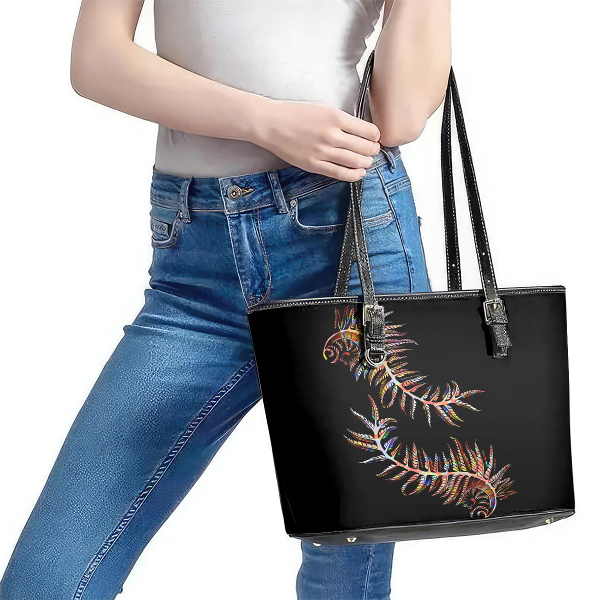 New Zealand Leather Tote Bag Aotearoa Silver Fern Mixed Papua Shell Red Vibe LT9