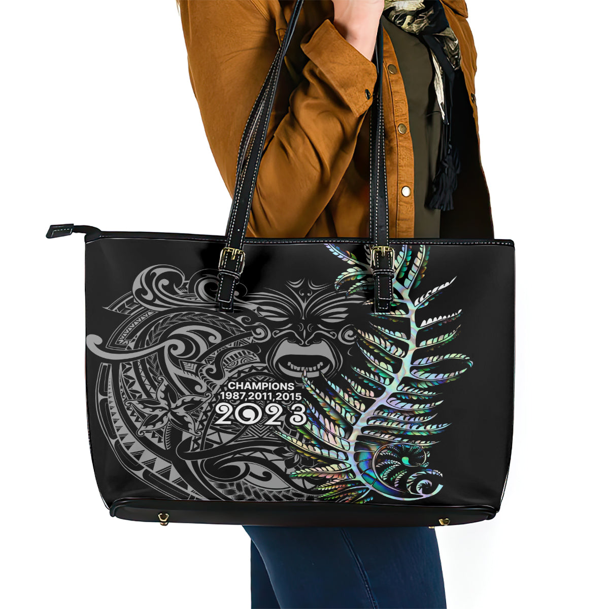 New Zealand Rugby Leather Tote Bag NZ Black Fern Champions History With Papua Shell LT9