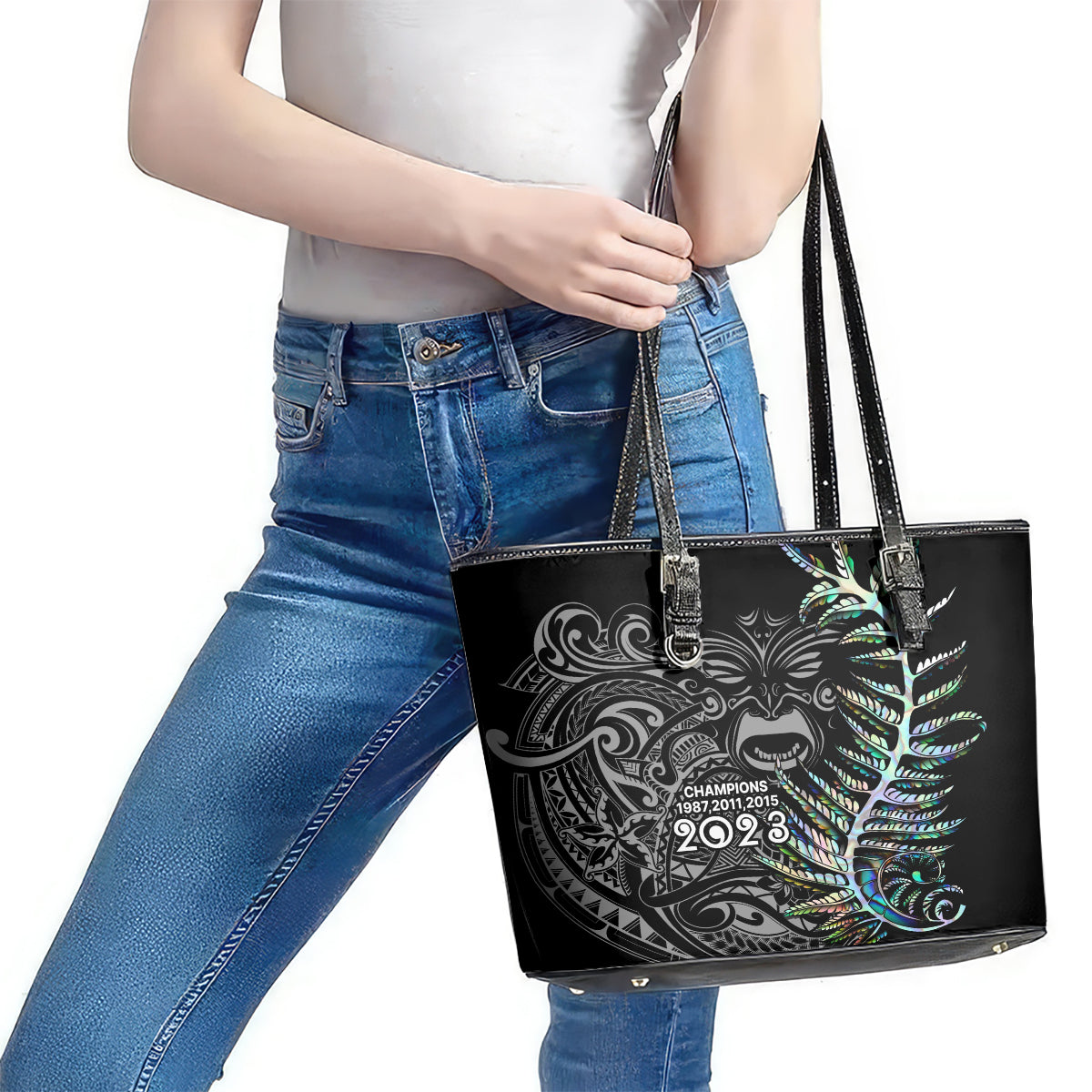 New Zealand Rugby Leather Tote Bag NZ Black Fern Champions History With Papua Shell LT9